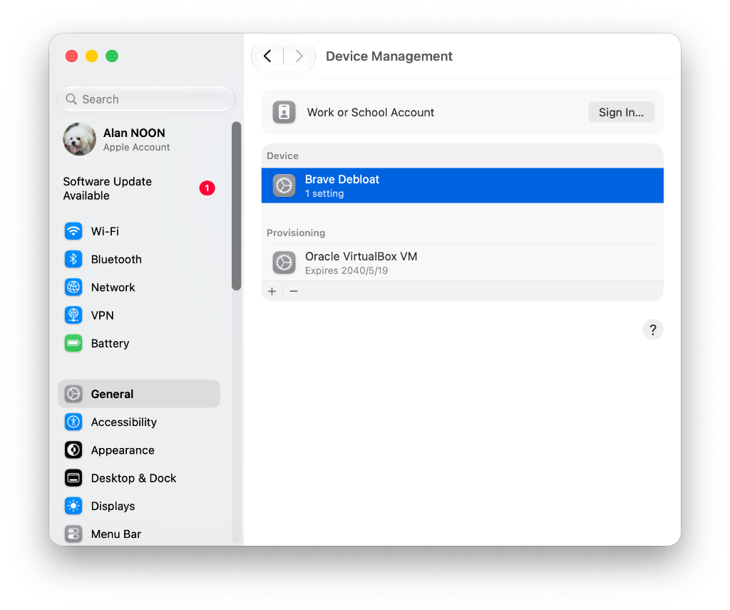 在 Device Management 中安装 Brave Debloat 描述文件 系统设置中的 Brave Debloat 描述文件